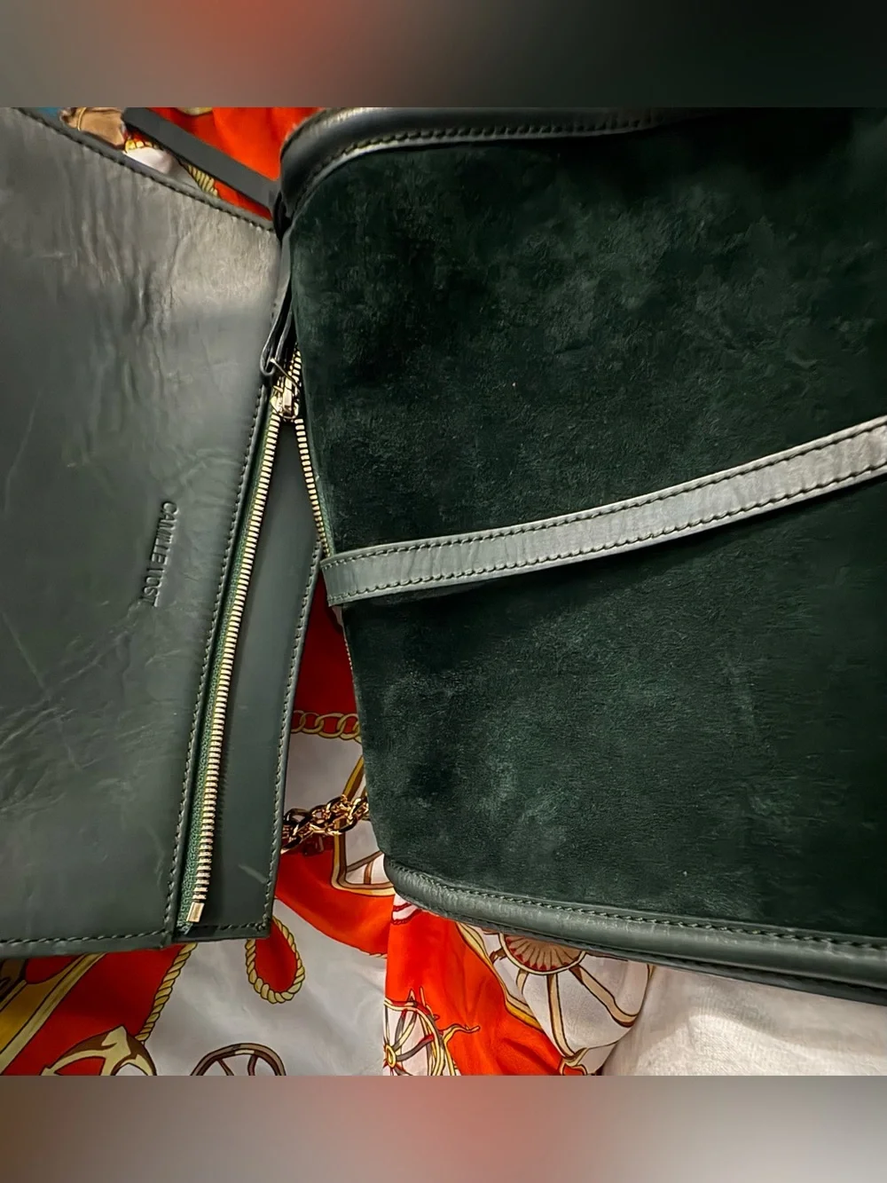 Camille Vost Detached topDark Green Suede and leather crossbody with Gold accent